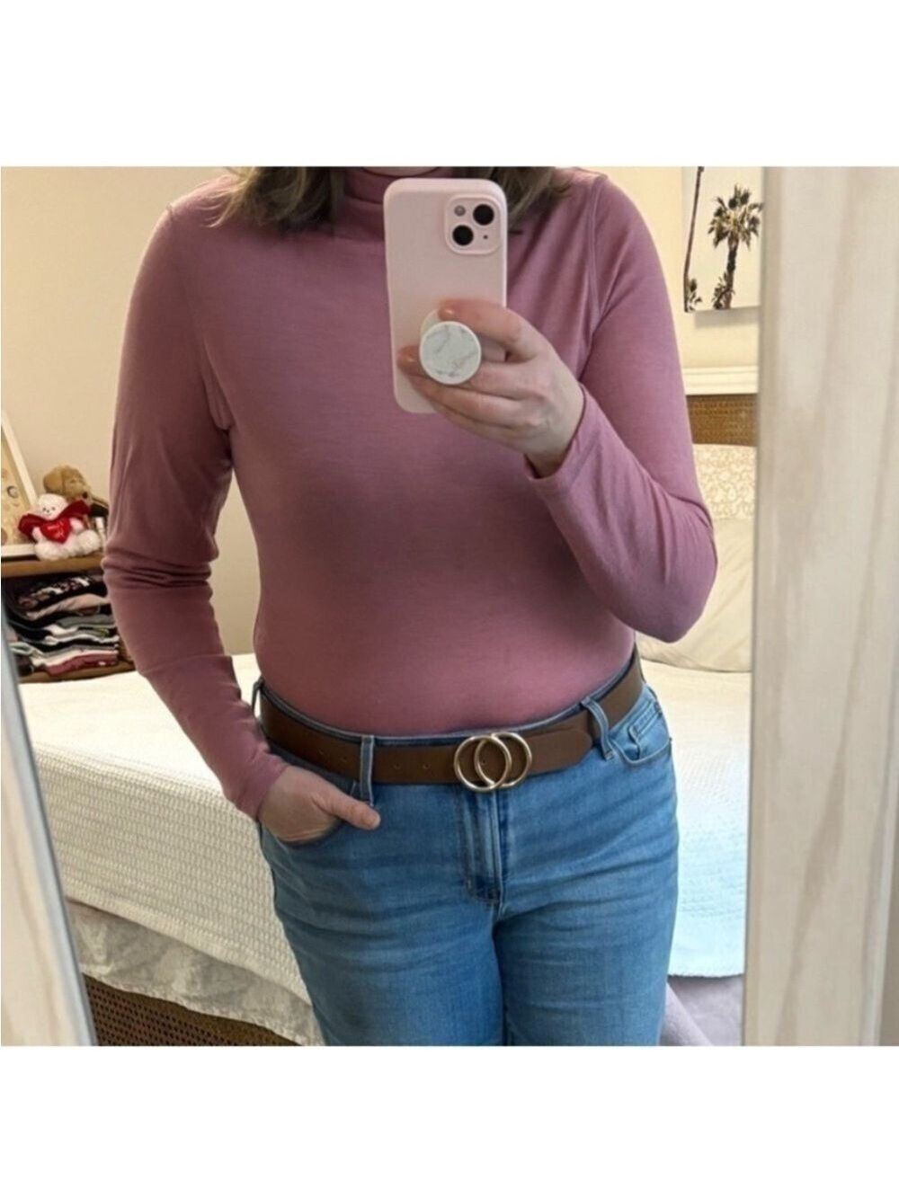 FRANK AND OAK 100% wool long sleeve shirt layering top mock neck mauve pink